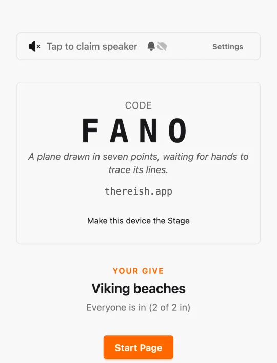 A phone showing Room Code FANO and the Give 'Viking beaches'.